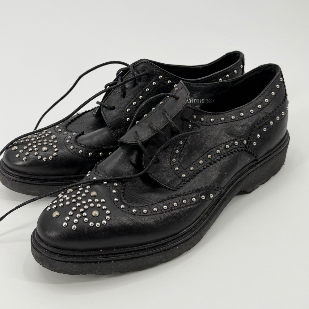 IPEKYOL Oxford Studded Brogue Wingtip Lug Sole 38 Black leather Punk Goth Edgy